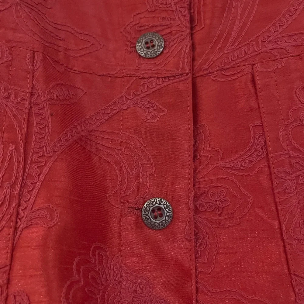 Susan Graver Red Paisley-Embossed Jean Jacket - Picture 4 of 8